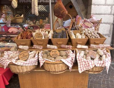 Charcuterie stall, Annecy market, Savoie, France 0297DFR